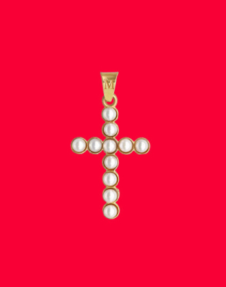 Colgante cruz dorada con perlas redondas , cross pendant with white pearls