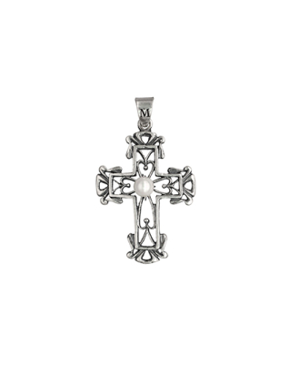 Colgante cruz medieval en plata envejecida con perla, cross pendant with white pearl