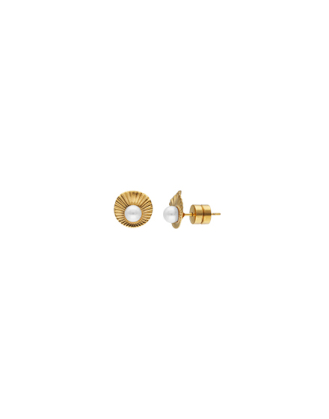 Inox Steel Le Palm pearl gold-steel short earrings | Majorica Pearls