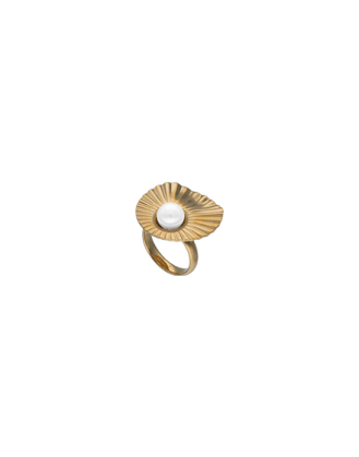 Inox Steel Large Le Palm gold-steel Ring with white pearl | Majorica Pearls