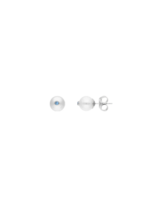 Rodhium silver Color Pop earrings with round white pearl and blue zirconia | Majorica Pearls