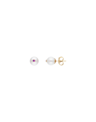 Gold plated Color Pop earrings with round white pearl and magenta zirconia | Majorica Pearls