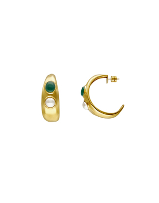 Inox Steel Gold Feme big hoop earrings with pearls and green agates | Majorica Pearls