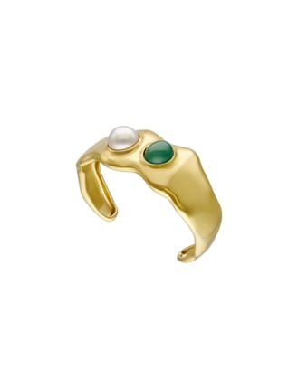Feme breites Armband mit Perlen und grünen Achaten Inox Steel | Majorica Perlen