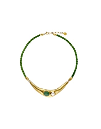 Inox Steel Feme leather necklace with white pearl and green agate | Majorica Pearls