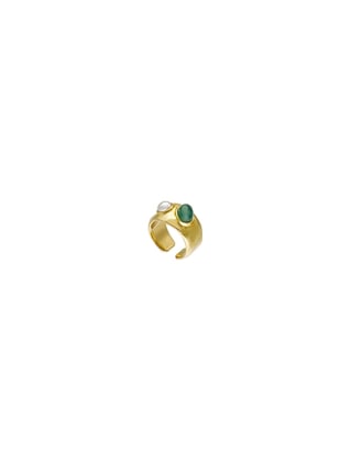 Inox Steel Gold Feme earcuff with white pearl and green agate | Majorica Pearls