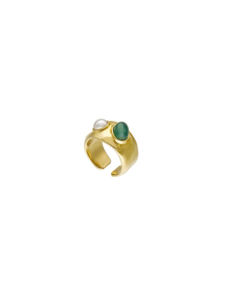 Anillo dorado Feme con perla blanca y ágata verde en Inox Steel | Perlas Majorica