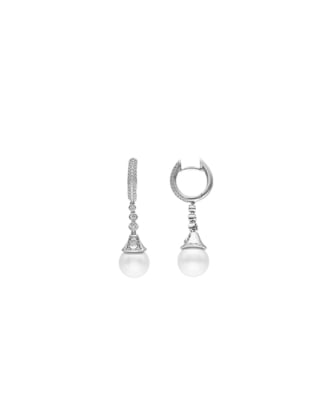 Rodhium silver Sparkle earrings with zircons and a round pearl | Majorica Pearls