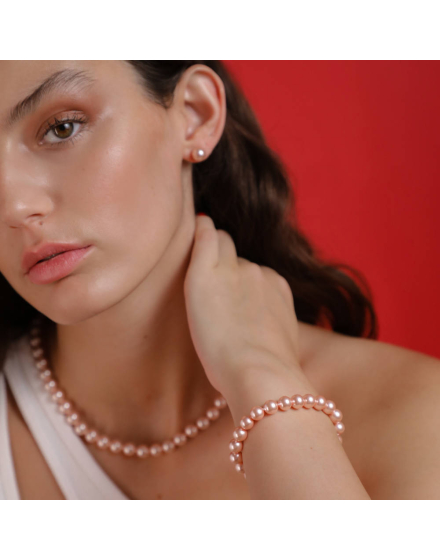 Collar Lyra plata perlas rosas 6mm 40cm