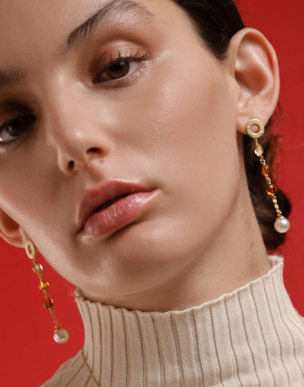 Algaida golden long earrings with pearl and amber Murano glass