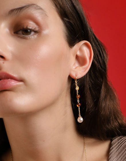 Algaida long fish wire earrings, golden and amber