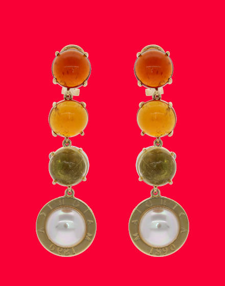 Pendientes de perlas Majorica y cristal de murano ámbar, pearl earrings Algaida with amber murano glass