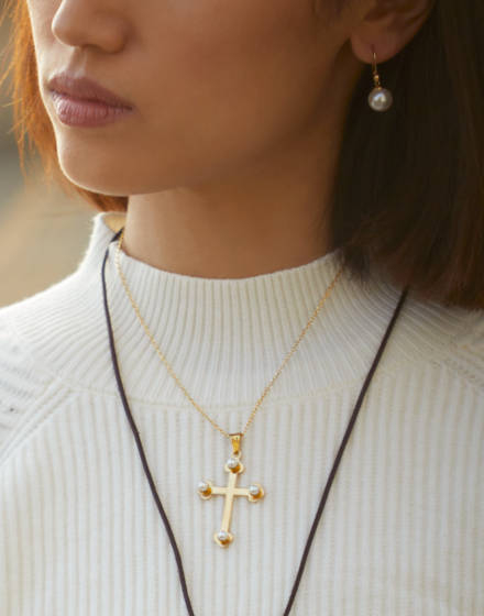 Gold Trinity Cross pendant with pearls