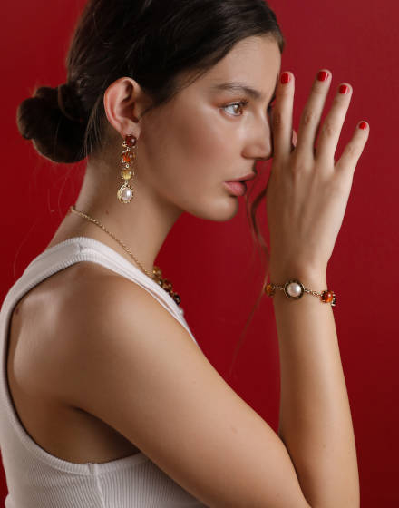 Algaida button golden earrings with amber Murano glass